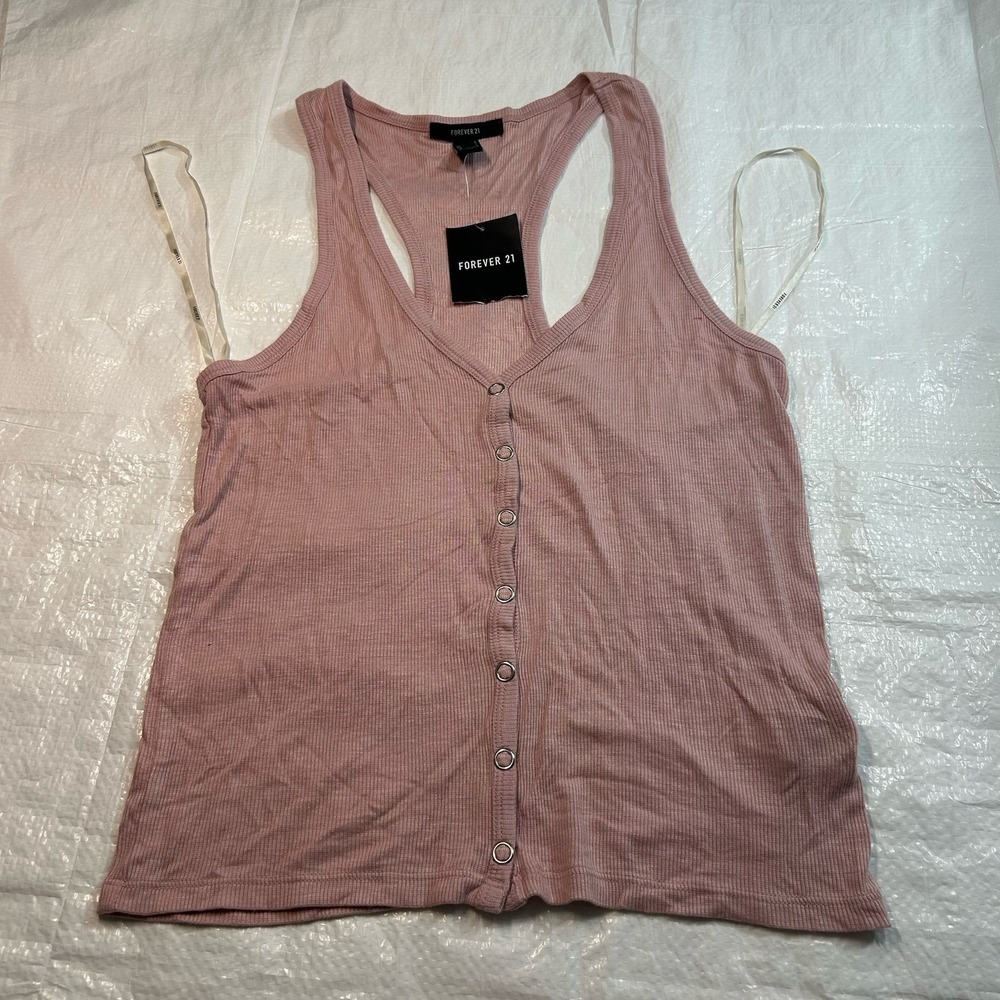 Forever 21 Women's Dusty Pink Ribbed Snap-Front Tank Top Sleeveles Short Size L